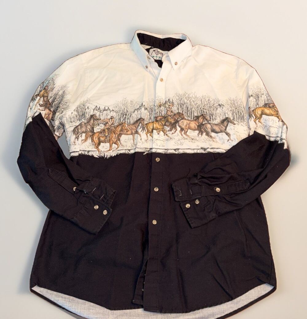 Vintage 90s Roper Border Camp Cowboy Shirt Men L Western Horse Scene